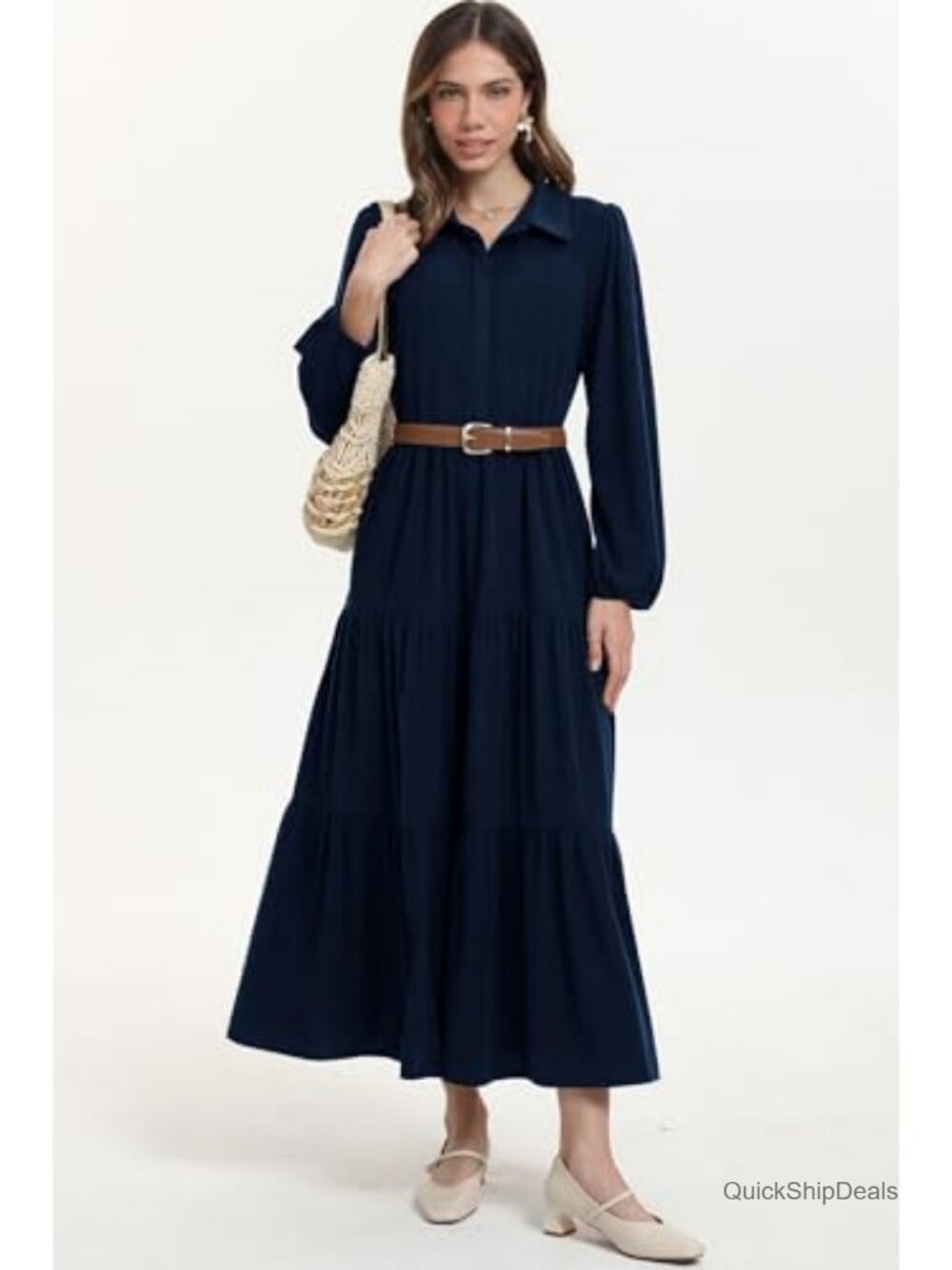 Women's Corduroy Maxi Dress Long Sleeve Button Down Tiered Flowy Fall Winter - Picture 5 of 6